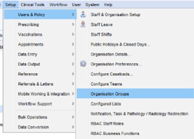 Image showing options 'Organisation Groups' highlighted